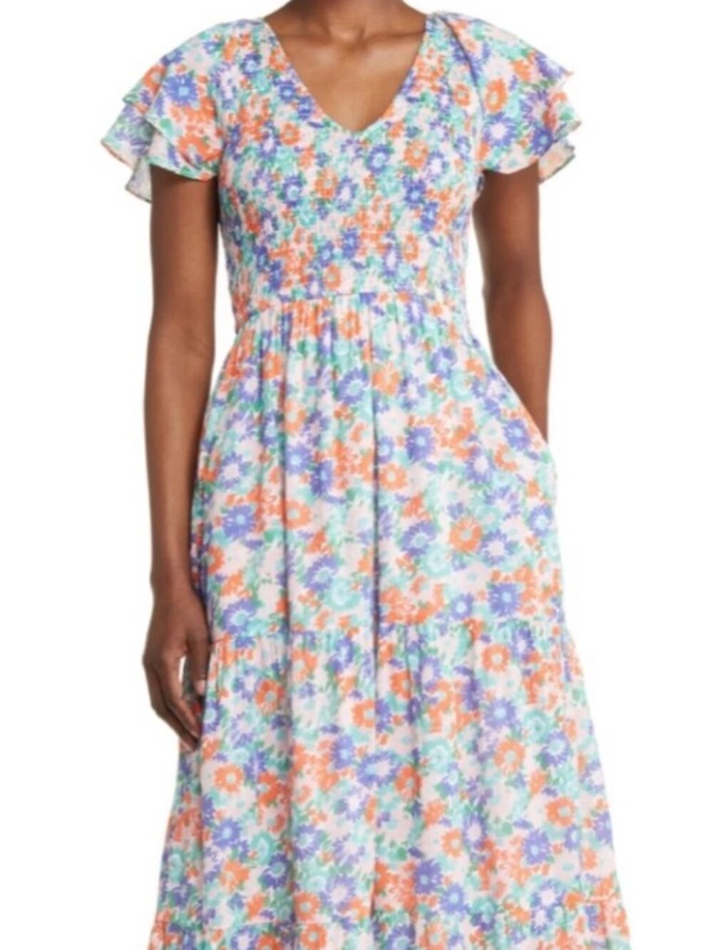 NWT Banjanan Floral Smocked V-Neck Dress in Blue, Coral, and Mint Green. XS